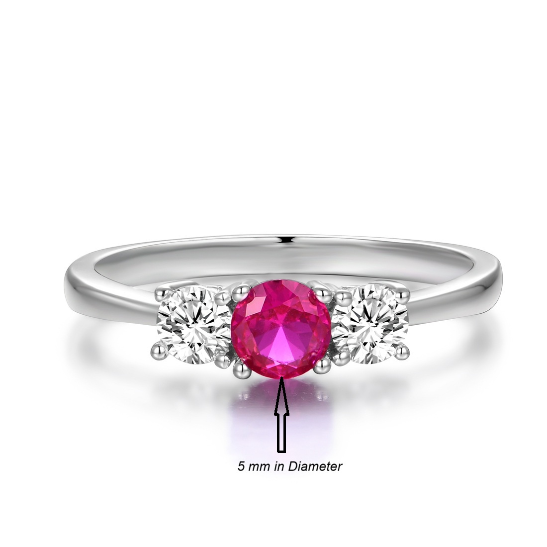 Ladies Sterling Silver Synthetic Ruby & Zircon 3 Stone Ring